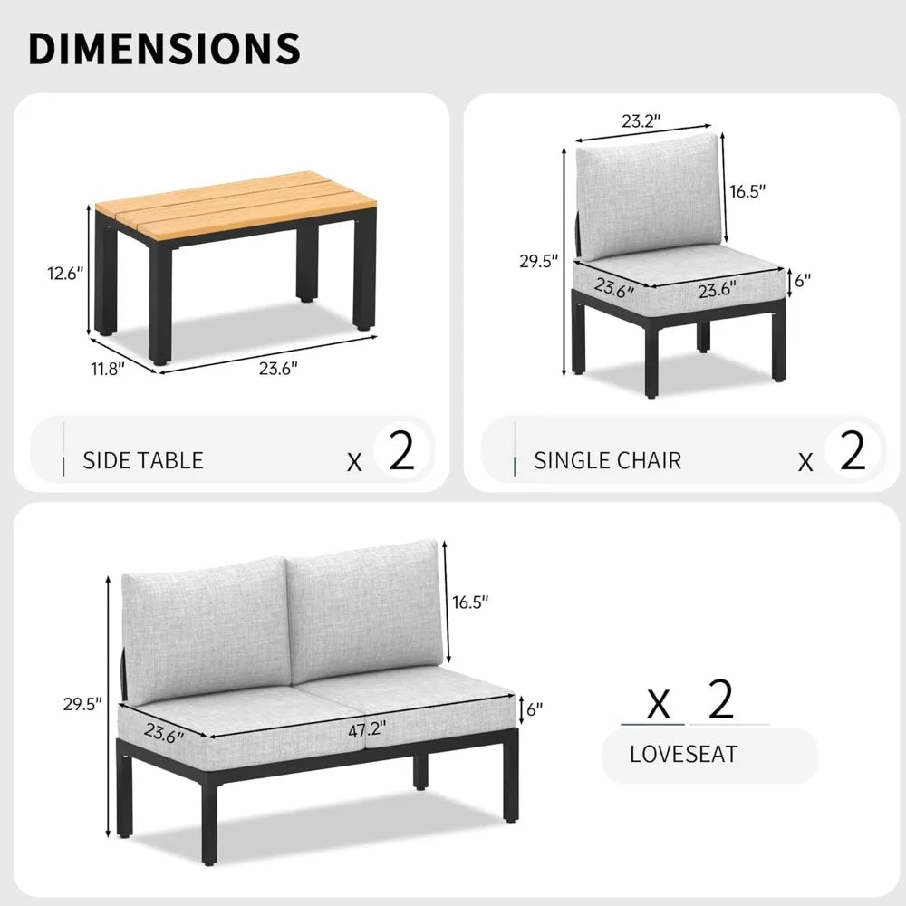 8 Pieces Patio Furniture Set Metal All Weather Outdoor Sectional Patio Sofa Seating Couch with 6" Thick Cushions and 2 Coffee