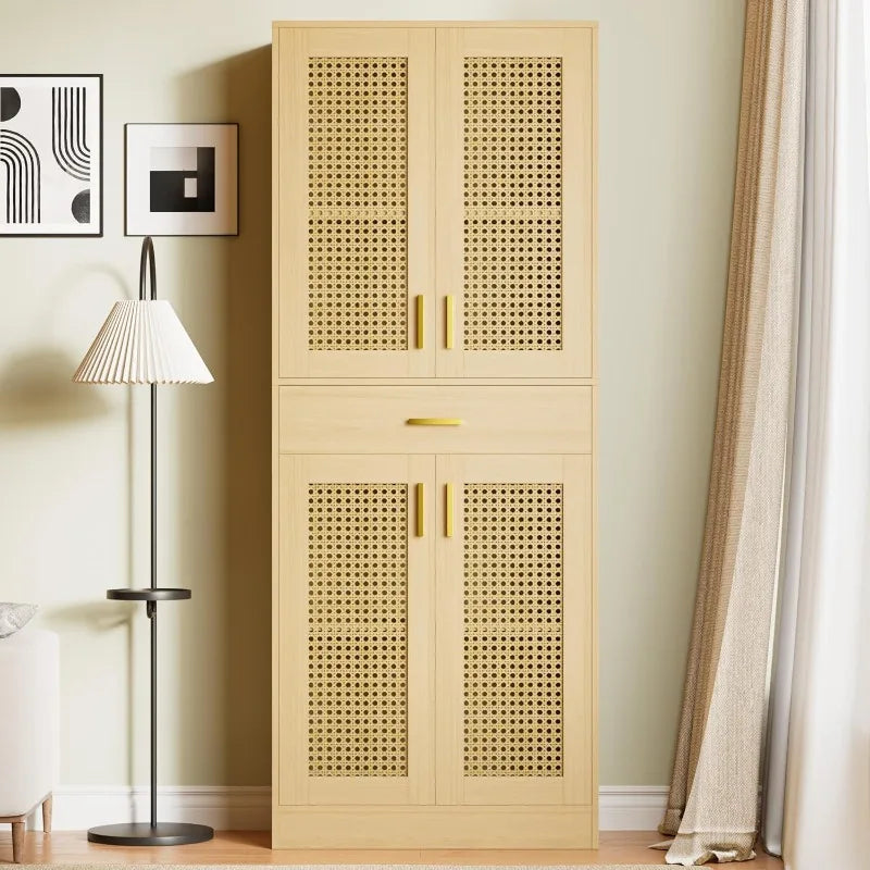 Kitchen Pantry Cabinet, 71" Tall Rattan Doors Storage Cabinet with Large Drawer and Adjustable Shelves, Freestanding