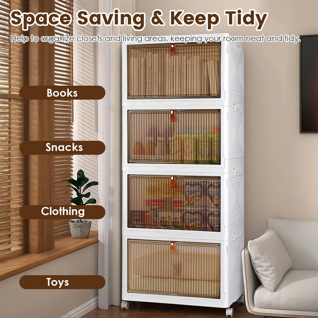 4Pc Foldable Storage Bins With Lid Front Magnetic Door Collapsible Stackable Closet Organizer Containers With 4Pcs 360 Degree Rotatable Wheels.