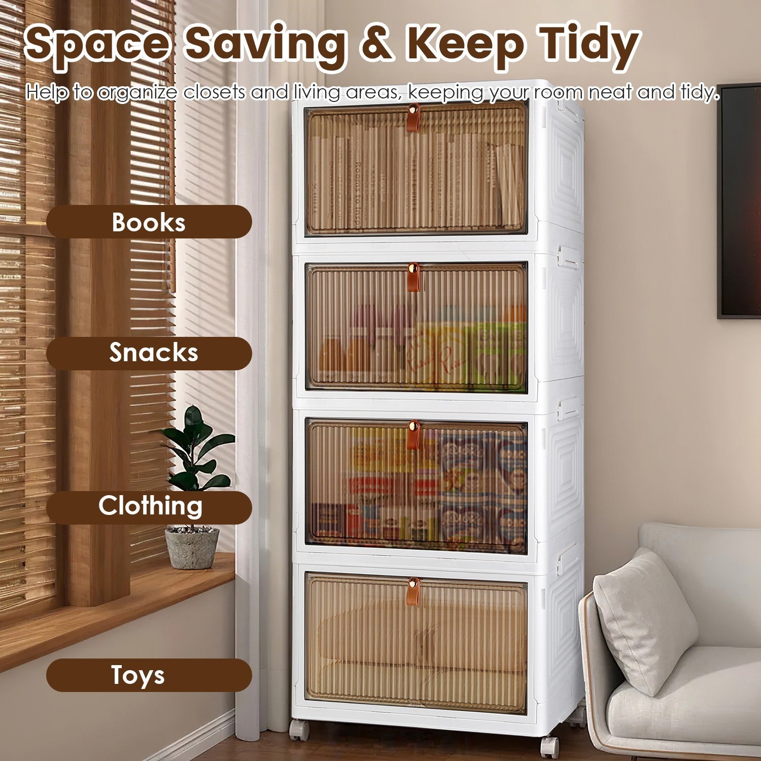 4Pc Foldable Storage Bins With Lid Front Magnetic Door Collapsible Stackable Closet Organizer Containers With 4Pcs 360 Degree Rotatable Wheels.