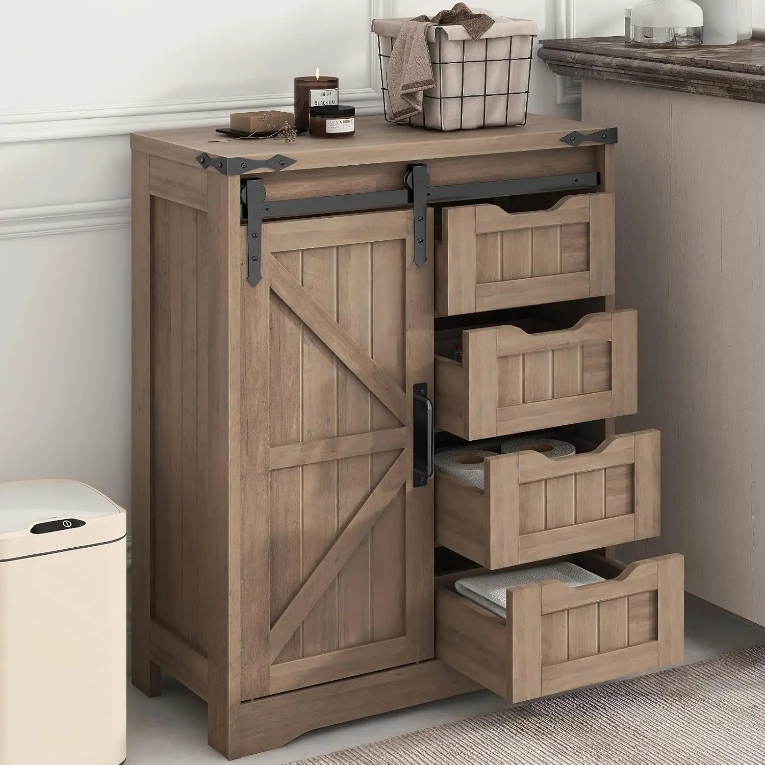Farmhouse Bathroom Storage Cabinet, Bathroom Cabinet with 4 Drawers and Sliding Door, Farmhouse Floor Storage Organizer