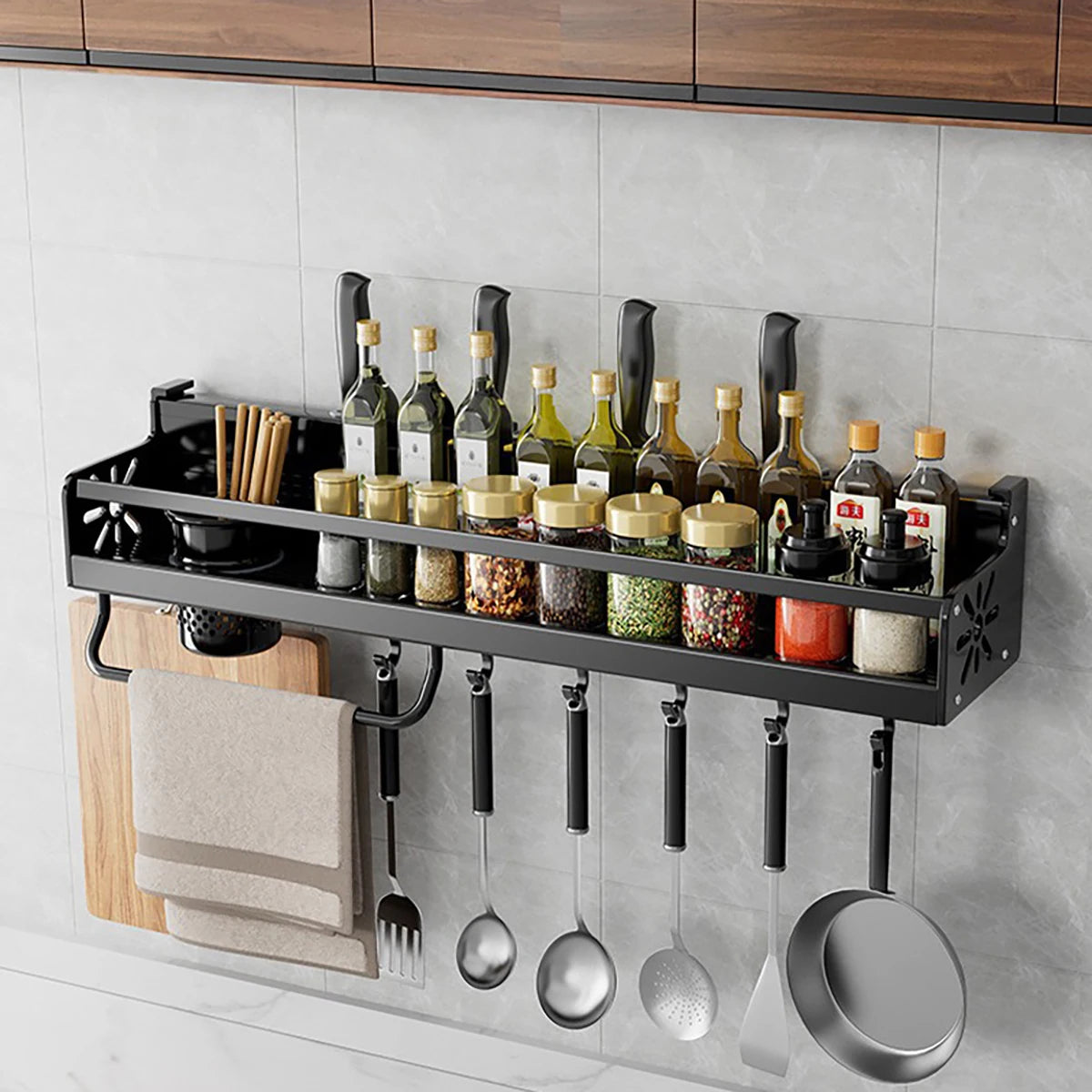 Metal Kitchen Shelf No-Punch Large Capacity Storage Kitchen Utensils Skeletonized Drainage Design Easy to Clean Black