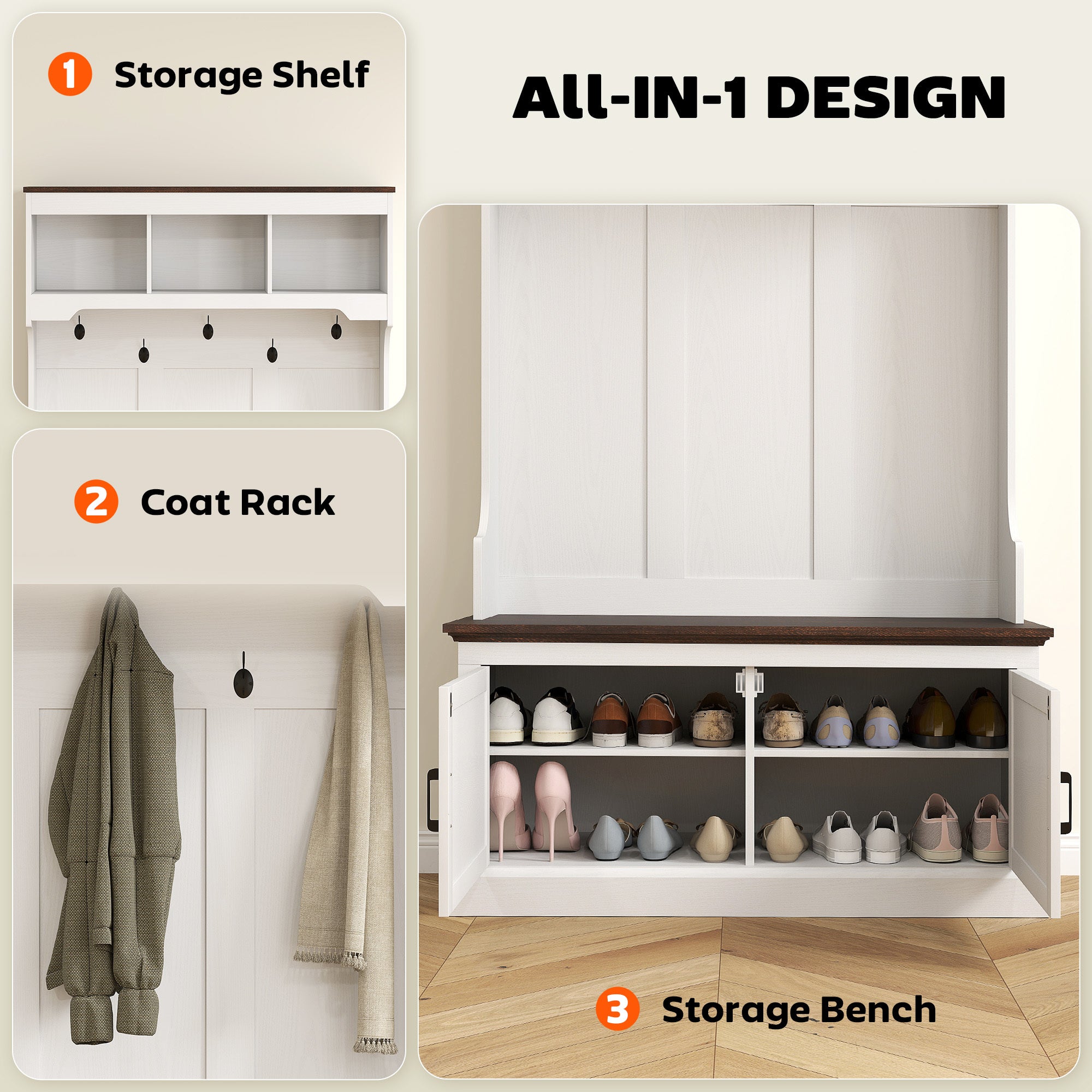 3-in-1 Hall Tree With Shoe Storage, Coat Rack With Bench, Entryway Furniture With Five Hooks, White Wood Grain