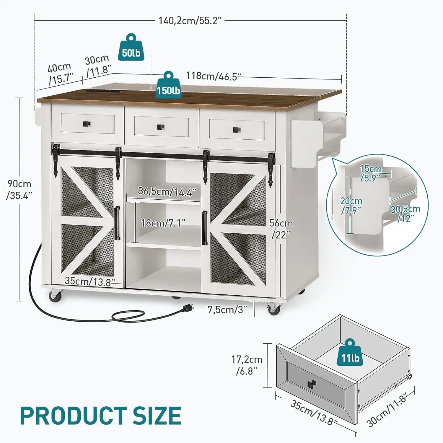 Kitchen Island with Storage, Kitchen Cart with Charging Station, Rolling Kitchen Island Table with Drop-Leaf, 3 Drawers, Barn Do