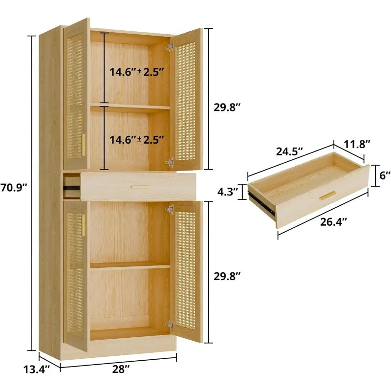 Kitchen Pantry Cabinet, 71" Tall Rattan Doors Storage Cabinet with Large Drawer and Adjustable Shelves, Freestanding