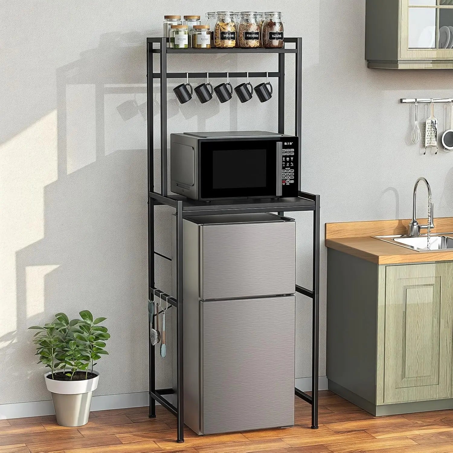 Mini Fridge Stand with Storage, 2-Tier Kitchen Microwave Stand with Storage Mini Fridge Shelf Height Adjustable Bakers Rack