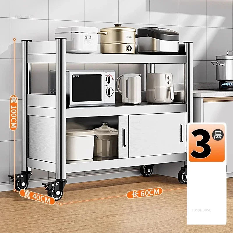 Stainless Steel Kitchen Cabinets with Door Floor Multi-layer Sliding Door Cabinet Storage Racks Multi-functional Home Furniture