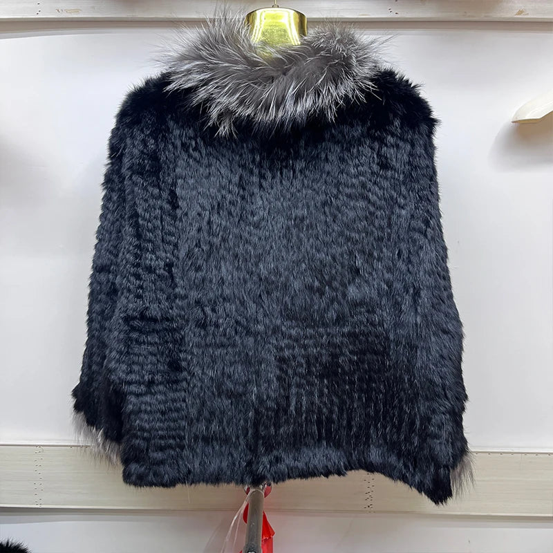 2025 New Natural Rabbit Fur Bat Shirt Coats Knitted Women Real Fox Fur Collar Jackets Luxury Woman Clothing Outwear