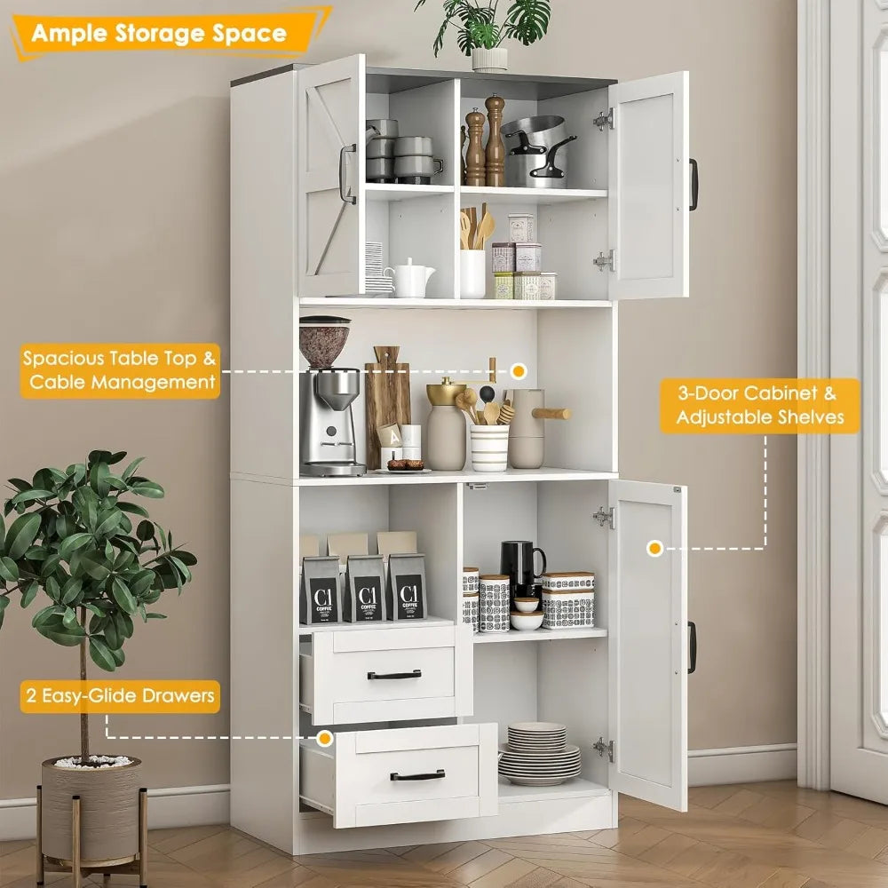Kitchen Pantry Storage Cabinet Tall Farmhouse Kitchen Pantry with Barn Doors and Drawers, Adjustable Shelves for Dining Living R