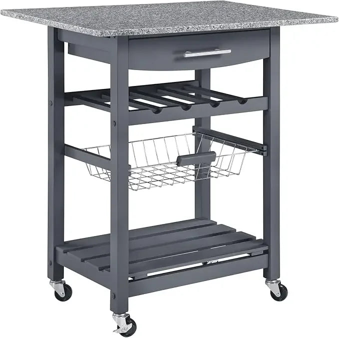 Mobile Rolling Kitchen Island Trolley – Under-Drawer & Slide-Out Wire Basket, Dining Serving Cart