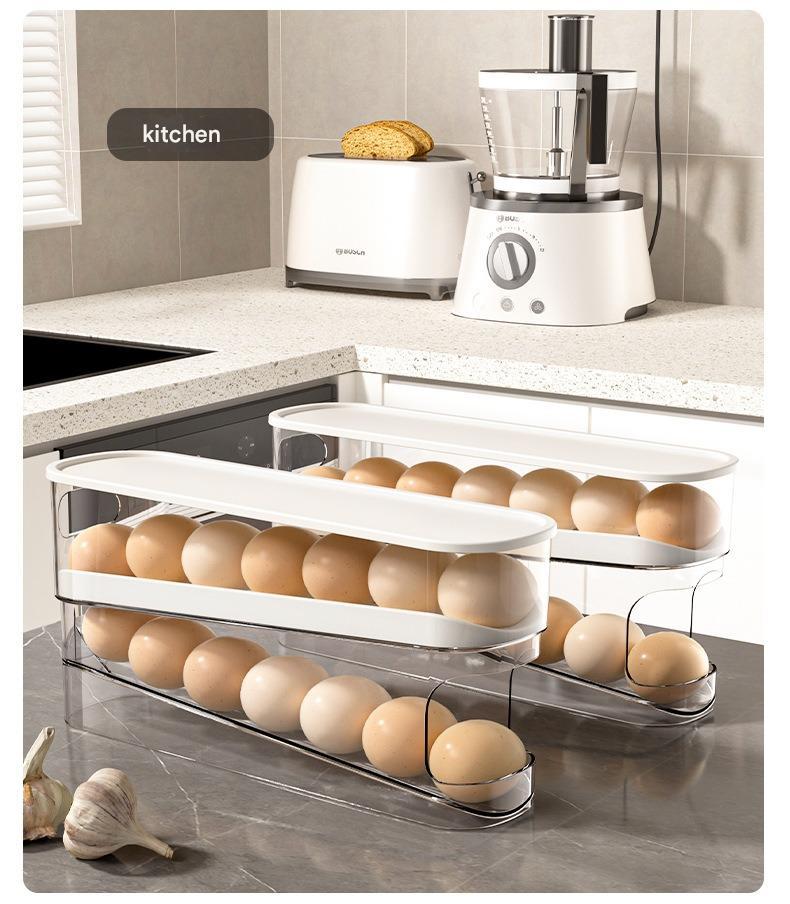 Home Use Slide-Out Egg Tray Refrigerator Side Door Automatic Egg Dispenser Kitchen Countertop Egg Storage Container With Anti-Break Design.
