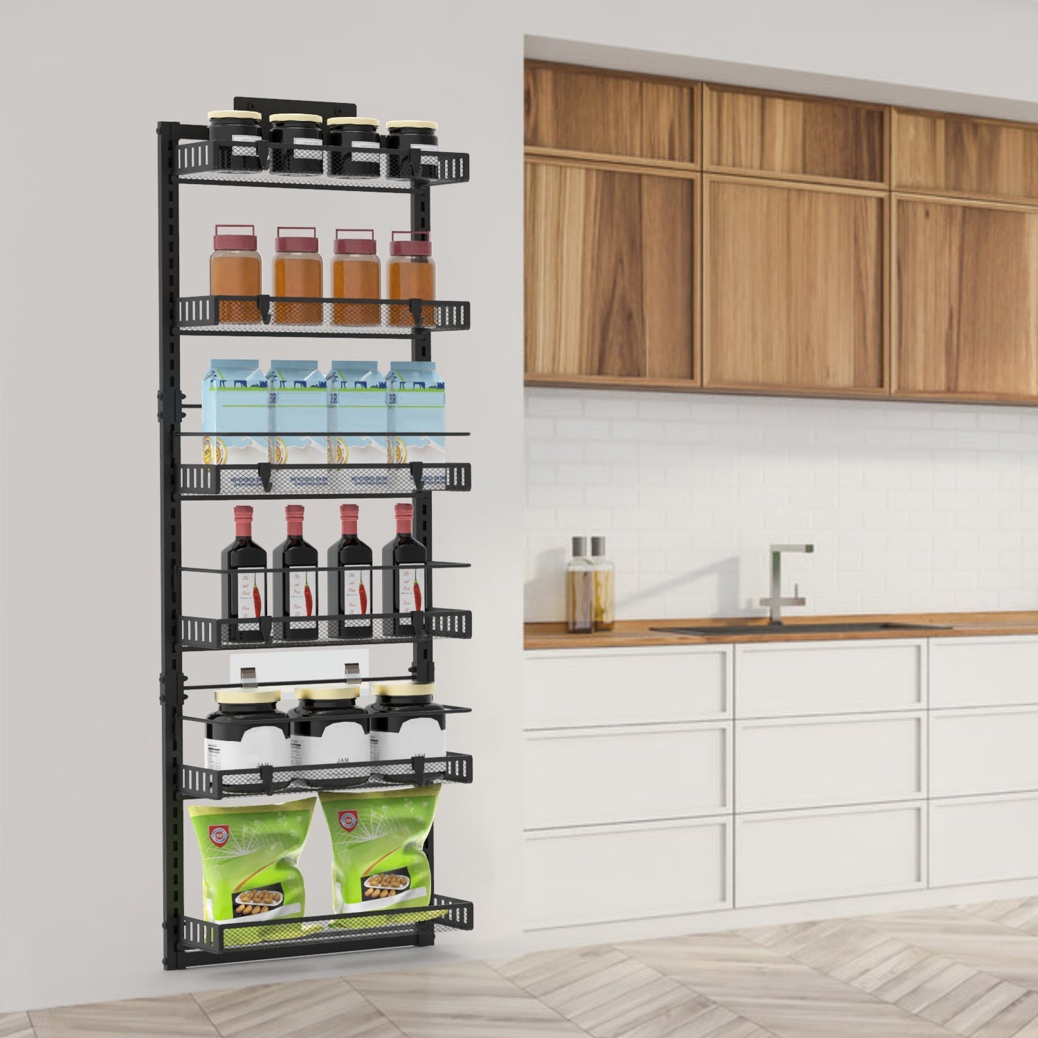 Black-White Options -- 1Pc Over The Door Pantry Organizer 6-Tier Pantry Door Organizer Carbon Steel 110LBS Loading Easy Install Behind Door Storage For Closet Kitchen Bathroom 50.19H 17.12W 5.51in D