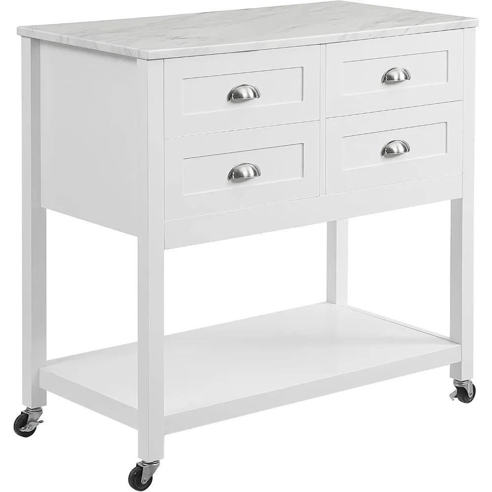 Rolling Kitchen Island Cart by Crosley Furniture, White, with Storage Drawers and Microwave Stand, Ideal for Coffee Bars