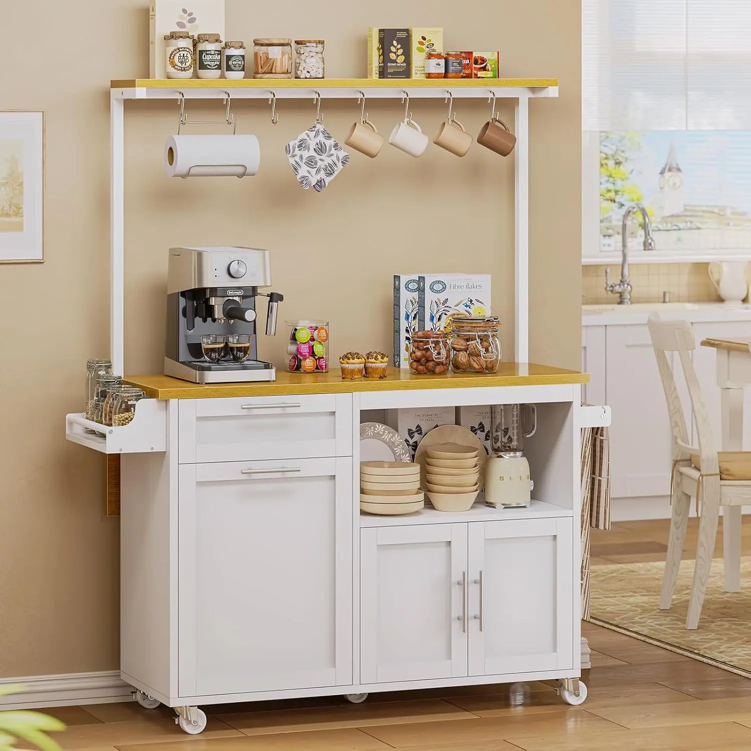 Rolling Kitchen Island Table on Wheels with Drop Leaf, 40" Mobile Kitchen Carts with Trash can Storage, Storage Cabinet, D