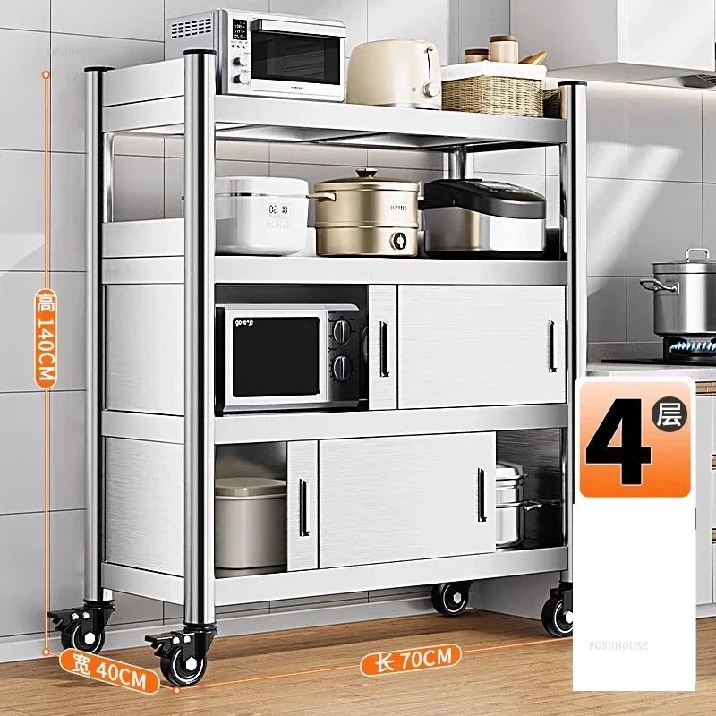 Stainless Steel Kitchen Cabinets with Door Floor Multi-layer Sliding Door Cabinet Storage Racks Multi-functional Home Furniture