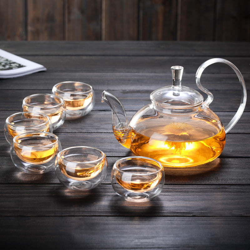 Glass Tea Set Suit With Tea Tray Kung Fu Tea Set High Temperature Resistant Glass Teapot Heart-shaped Candlestick Tea Set