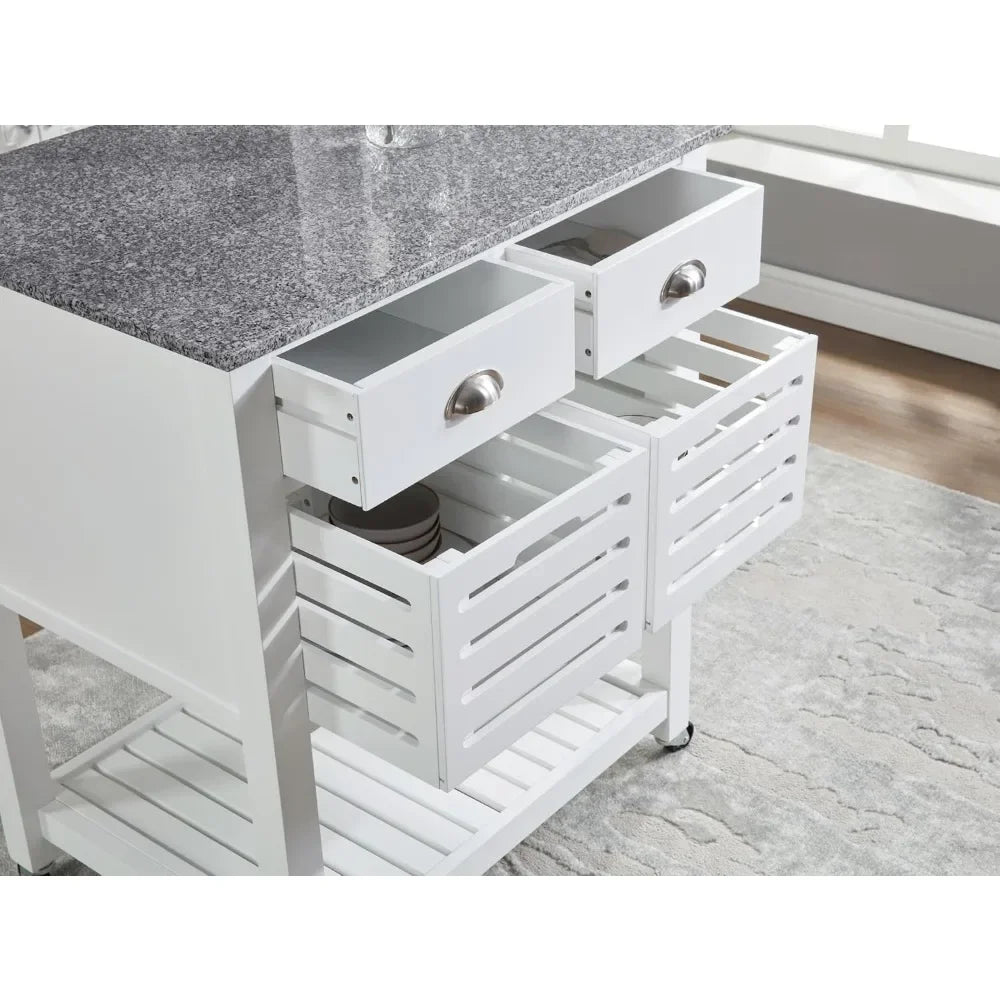 Mobile Rolling Kitchen Island Trolley – Under-Drawer & Slide-Out Wire Basket, Dining Serving Cart