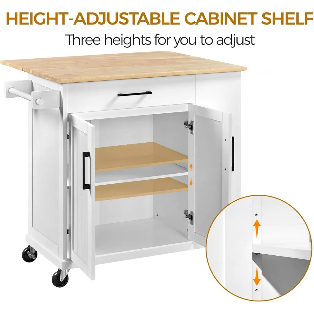 Portable Rolling Kitchen Island Cart Rubberwood Drop Leaf Breakfast Bar with Storage Open Shelves And Detachable