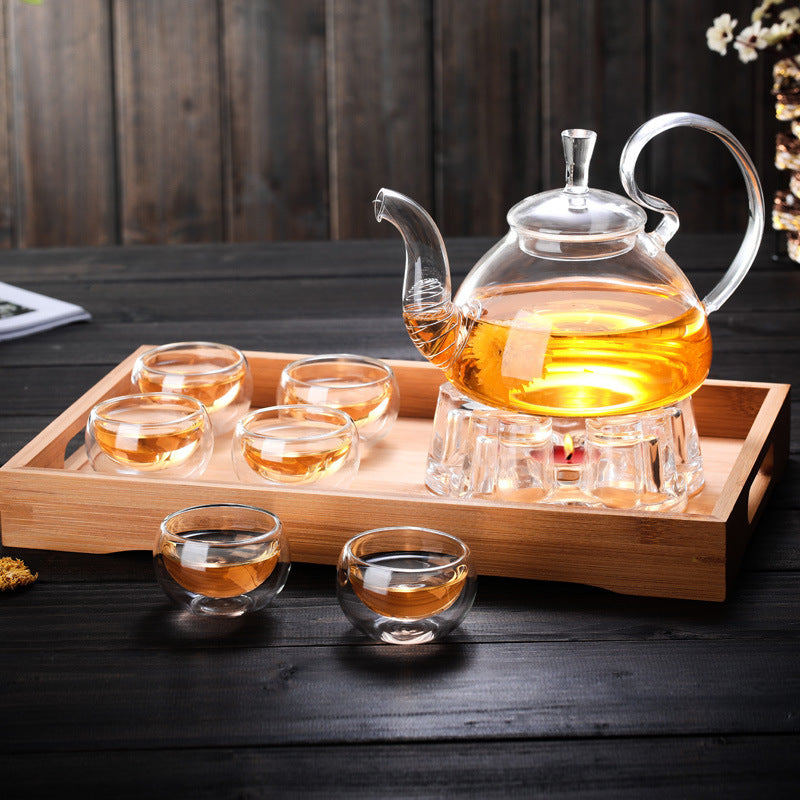 Glass Tea Set Suit With Tea Tray Kung Fu Tea Set High Temperature Resistant Glass Teapot Heart-shaped Candlestick Tea Set