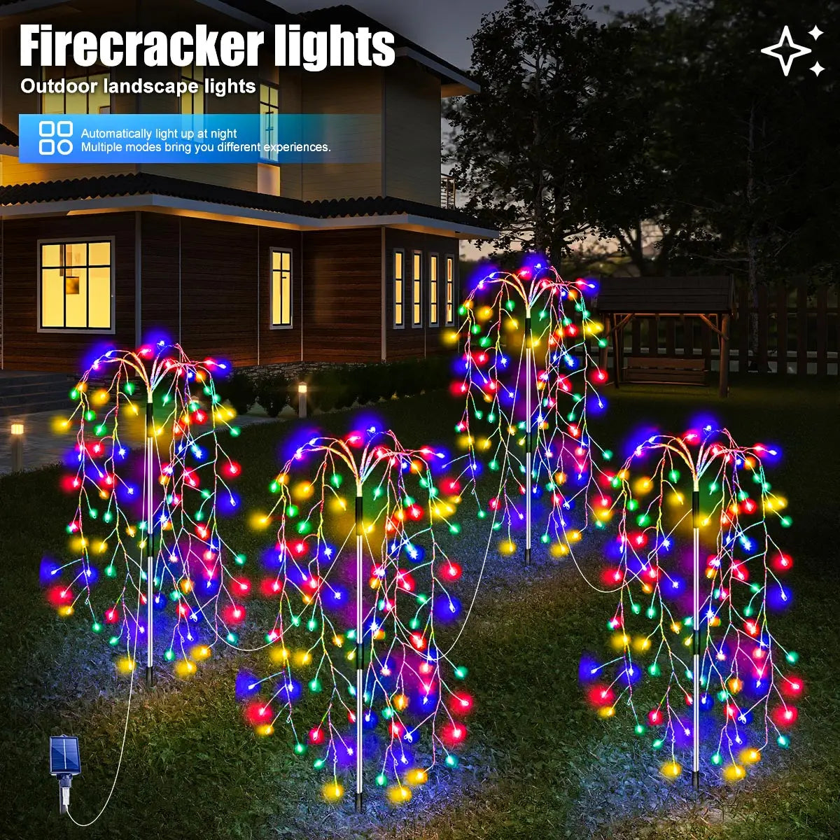 4Pcs Solar Powered Fireworks Lights 8 Lighting Modes Outdoor Garden Decoration Fairy Lights for Camping Wedding Yard Christmas