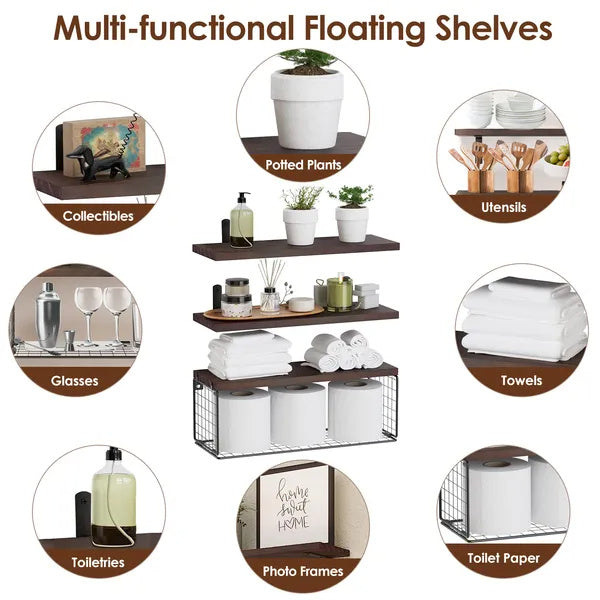 2 In 1 Floating Shelves Wall Mounted With Storage Basket Bathroom Shelves Over Toilet Wooden Shelves For Bedroom Living Room Kitchen Office Wall Decor Plants.