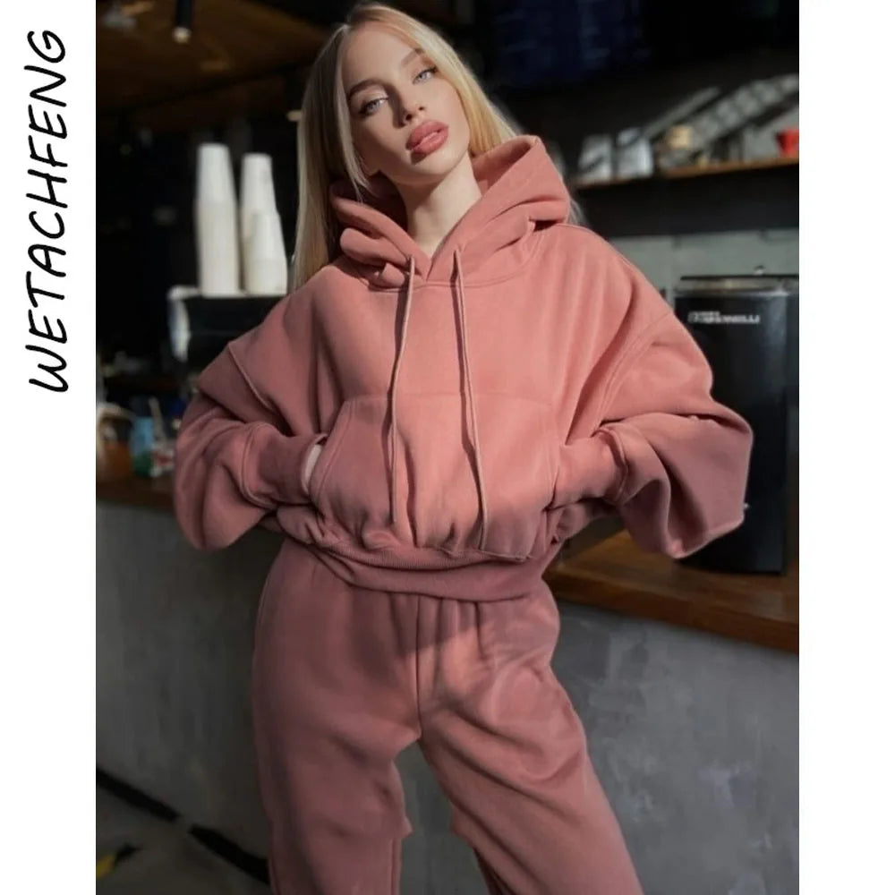 Autumn Winter Fashion Tracksuits Women Fleece Warm Hooded Sweatshirts And Pants Two Piece Sets Outfits Sports Female Clothing