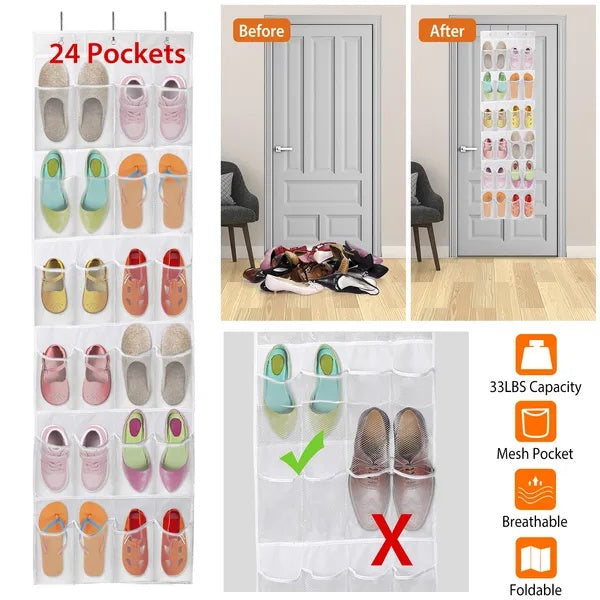 1Pc Over The Door Shoes Rack 24-Pocket Crystal Clear Organizer