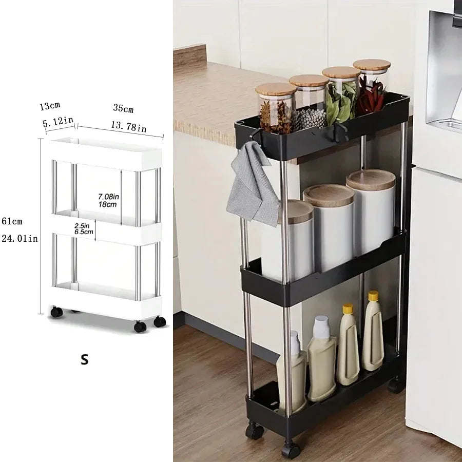 1pc Kitchen Bathroom Storage Rack 3/4 Tier Rolling Cart Storage Shelf Movable Gap Slim Slide Organizer Shelf Livingroom Rack