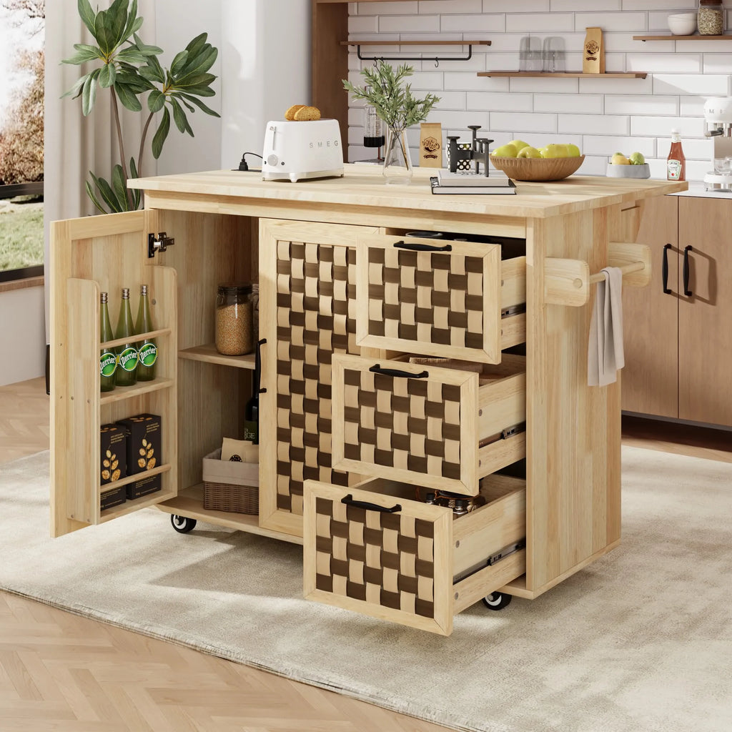 3D Woven Checkerboard Pattern Design Kitchen Island with Drop Leaf, Rolling Kitchen Island on Wheels with Internal Storage Rack