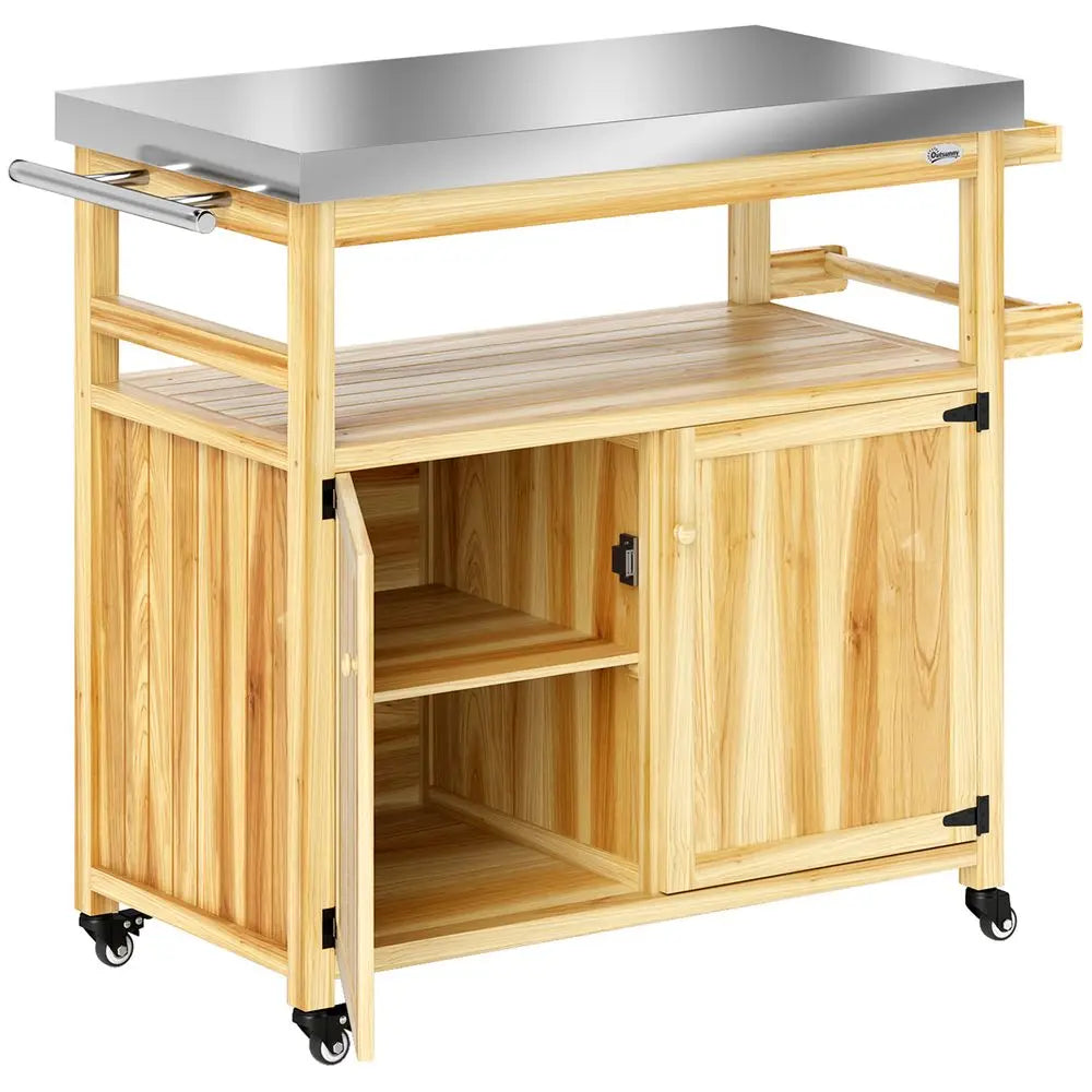 For Outsunny Outdoor Grill Cart w/ Stainless Steel Top, Solid Wood Outdoor Kitchen Island w/ Wheels, Storage Cabinets, Natural W