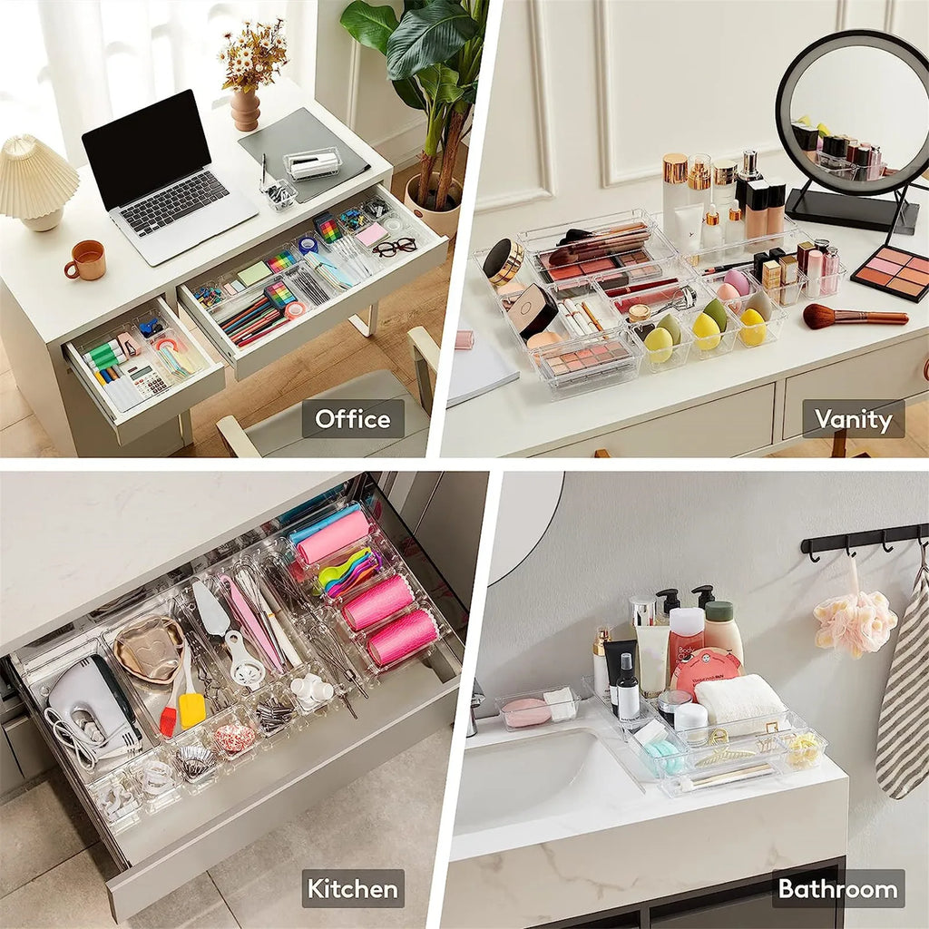 10-Piece Versatile Drawer Organizer Set - Clear Plastic Trays and Dividers in 4 Sizes for Perfect Makeup and Kitchen Storage.