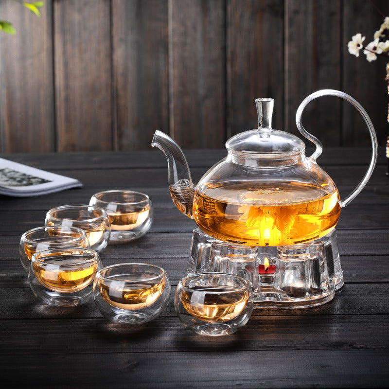 Glass Tea Set Suit With Tea Tray Kung Fu Tea Set High Temperature Resistant Glass Teapot Heart-shaped Candlestick Tea Set