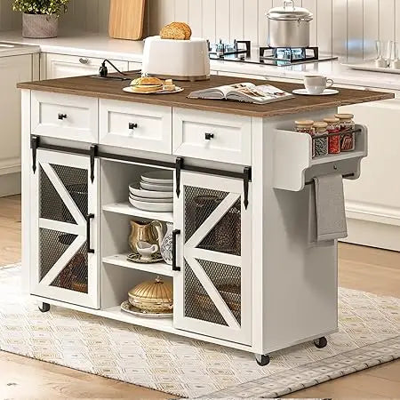 Kitchen Island with Storage, Kitchen Cart with Charging Station, Rolling Kitchen Island Table with Drop-Leaf, 3 Drawers, Barn Do