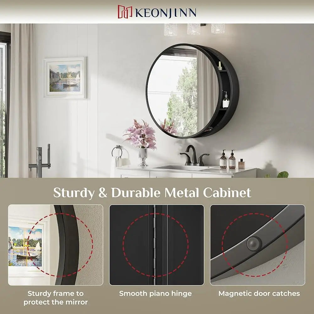 Round Black Medicine Cabinet with Mirror Surface Mount Metal Frame Adjustable Shelves Wall Storage Farmhouse Bathroom Organizer