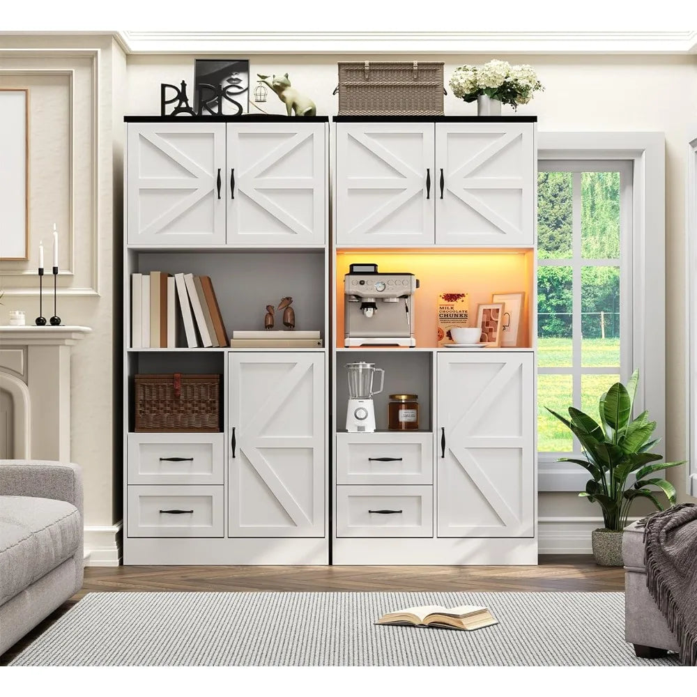 Kitchen Pantry Storage Cabinet Tall Farmhouse Kitchen Pantry with Barn Doors and Drawers, Adjustable Shelves for Dining Living R