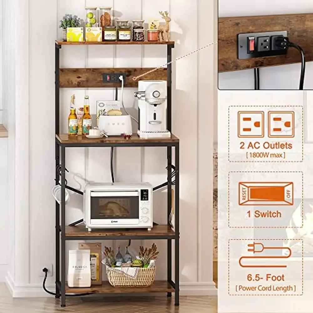 4-Tier Kitchen Bakers Rack with Power Outlets and S-Shaped Hooks Storage Stand