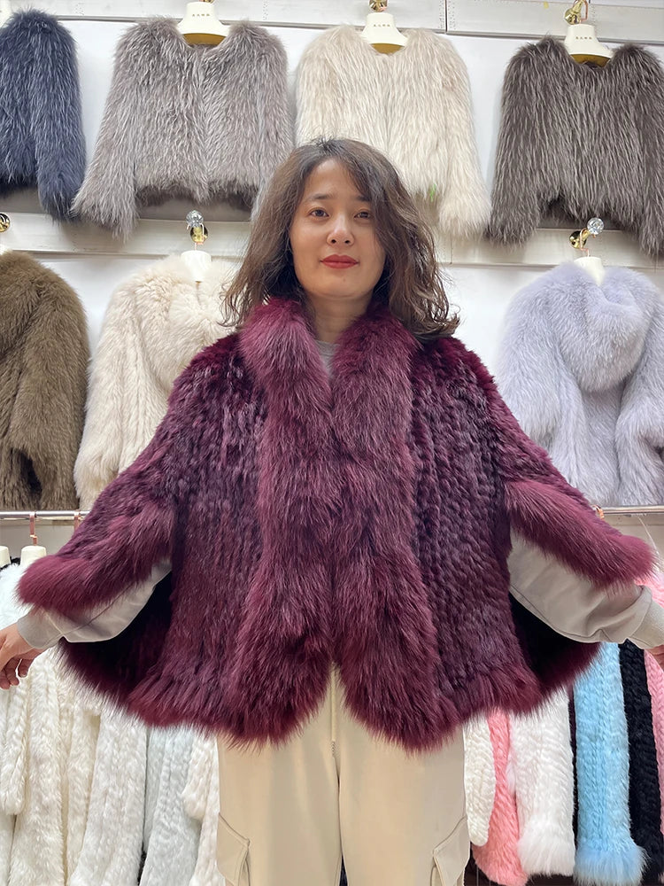 2025 New Natural Rabbit Fur Bat Shirt Coats Knitted Women Real Fox Fur Collar Jackets Luxury Woman Clothing Outwear