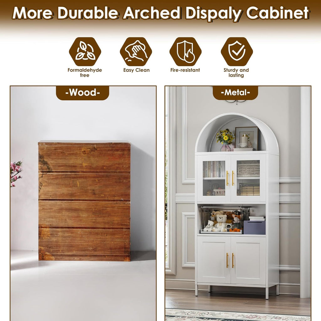 73 In Tall Metal Arched Cabinet, Kitchen Pantry Cabinet With Glass Door, Modern Farmhouse Arched Bookcase With 2 Adjustable Shelves For Living Room, White, Assembly Required.