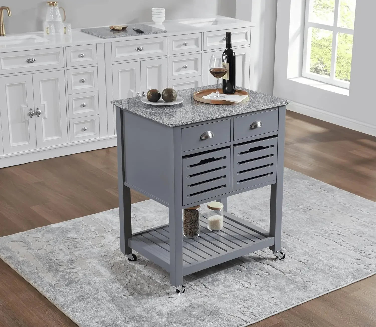 Mobile Rolling Kitchen Island Trolley – Under-Drawer & Slide-Out Wire Basket, Dining Serving Cart