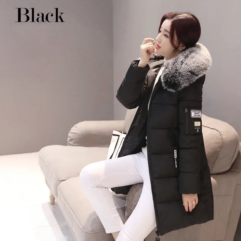 2025 Winter Women Parka Coats Long Cotton Casual Fur Hooded Jackets Thick Warm Slim-fit Jacket Female Overcoat Clothing