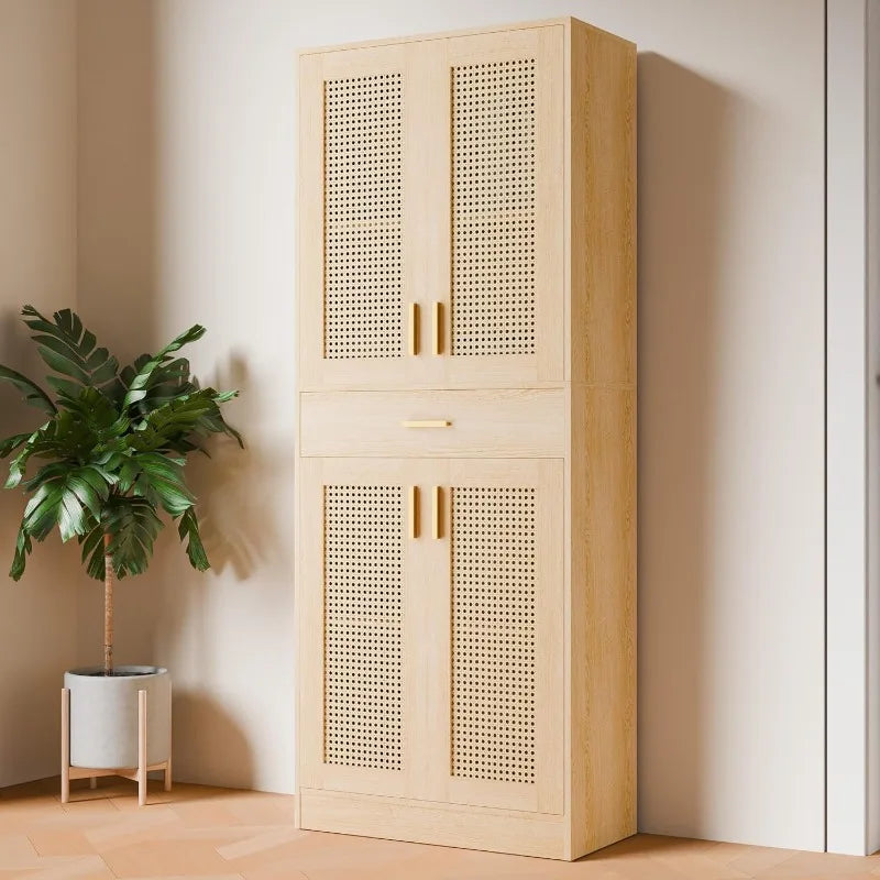 Kitchen Pantry Cabinet, 71" Tall Rattan Doors Storage Cabinet with Large Drawer and Adjustable Shelves, Freestanding