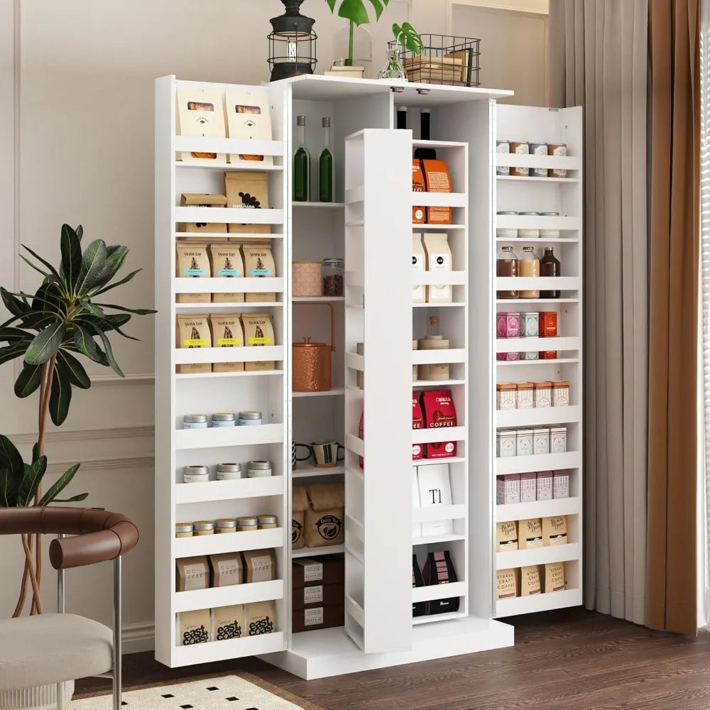 Kitchen Pantry Storage Cabinet with Doors and Shelves, Rotating Racks, Tall Pantry Cabinet Cupboard with Door Racks, White, 19.