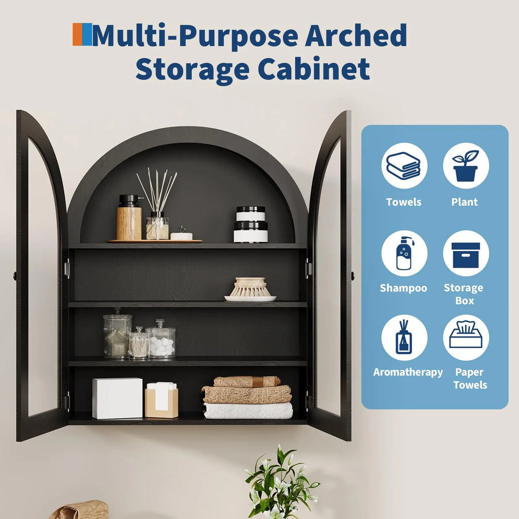 Small Wall-Mounted Cabinet, Arched Bathroom Medicine Cabinet with Glass Doors & Adjustable Shelves, Wood Kitchen Organizer