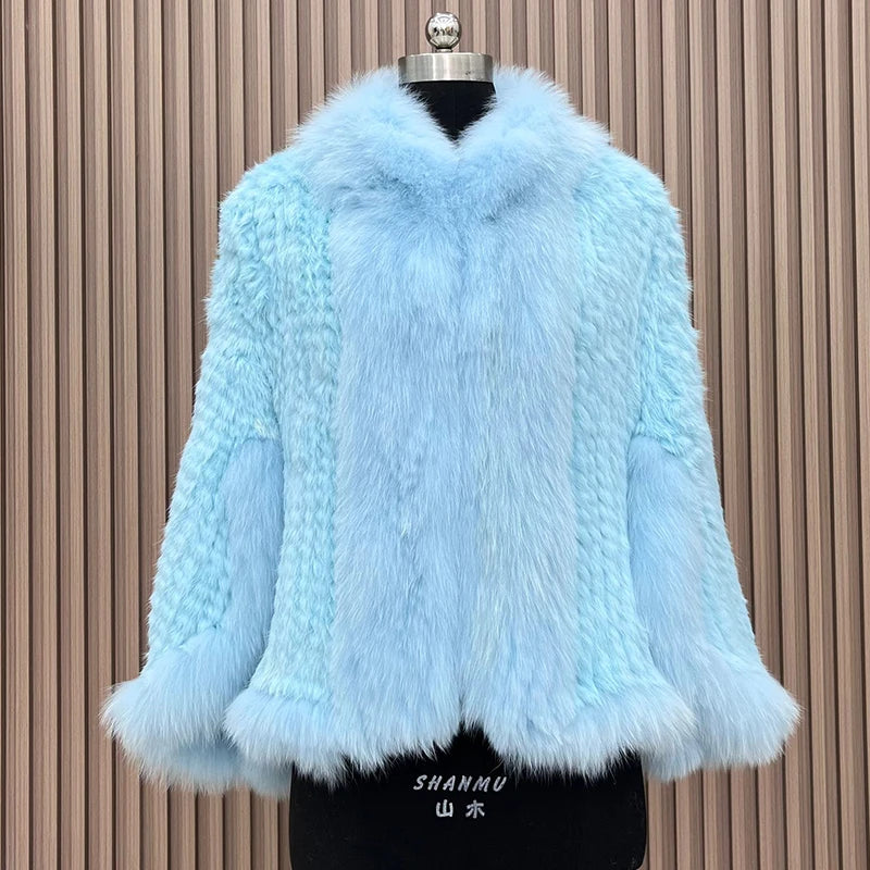 2025 New Natural Rabbit Fur Bat Shirt Coats Knitted Women Real Fox Fur Collar Jackets Luxury Woman Clothing Outwear