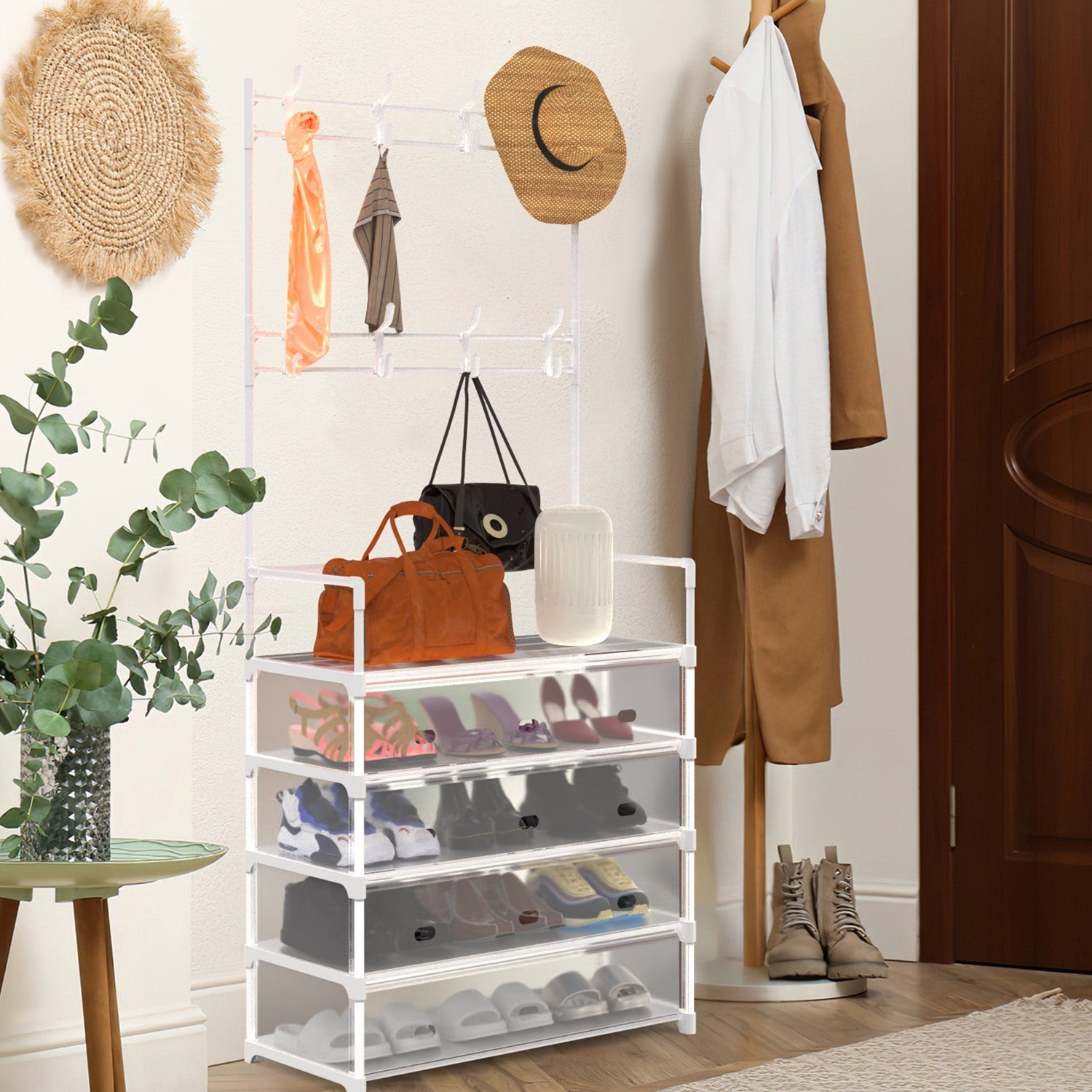 1Pc 5Tier Dustproof Entryway Hall Tree Coat Rack Shoe Rack With 8 Removable Hooks Freestanding Shoe Storage Shelf Hat Clothes Organizer For Front Door Bedroom Entryway