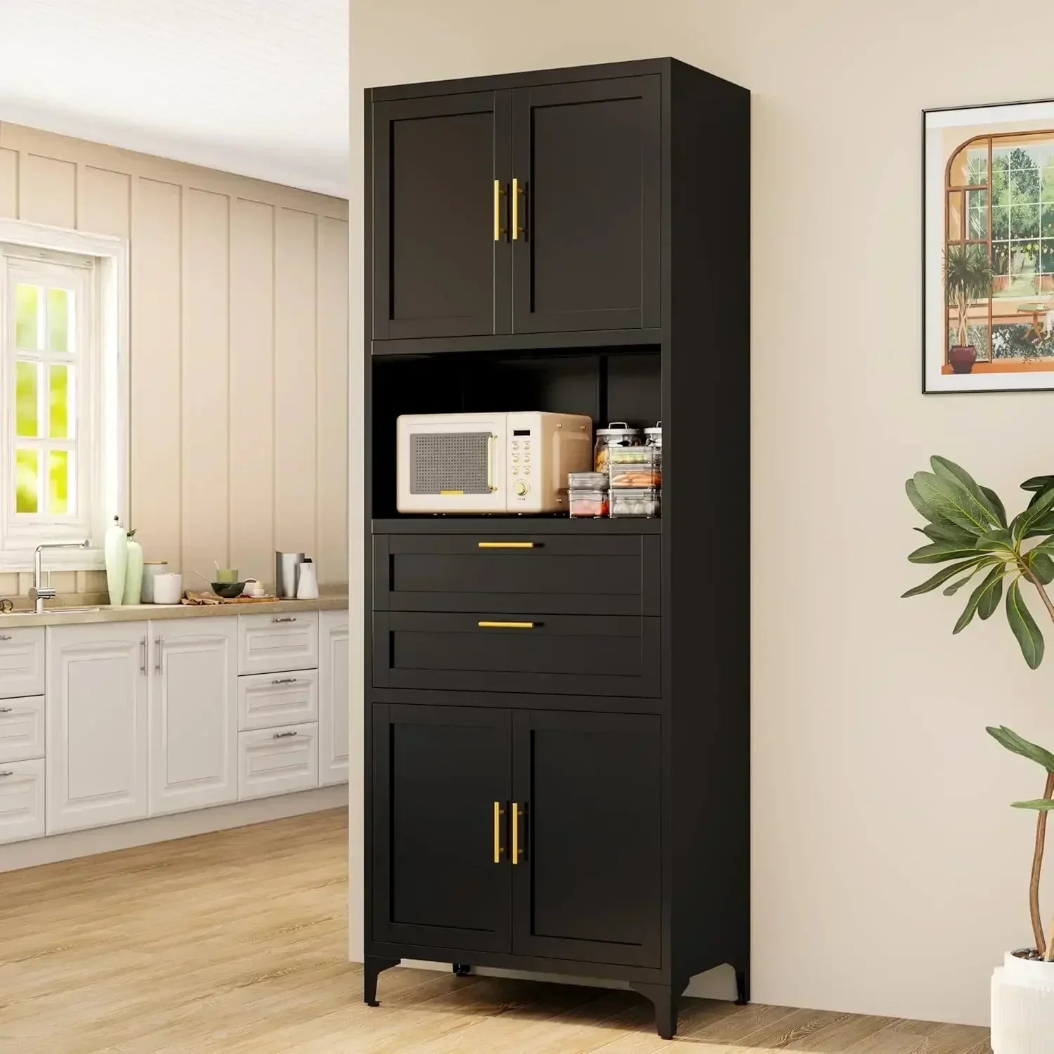 75” Tall Kitchen Pantry Storage Cabinet, Metal Storage Cabinet with 2 Drawers and Adjustable Shelves