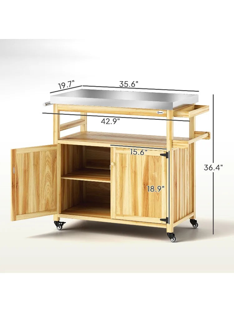 For Outsunny Outdoor Grill Cart w/ Stainless Steel Top, Solid Wood Outdoor Kitchen Island w/ Wheels, Storage Cabinets, Natural W