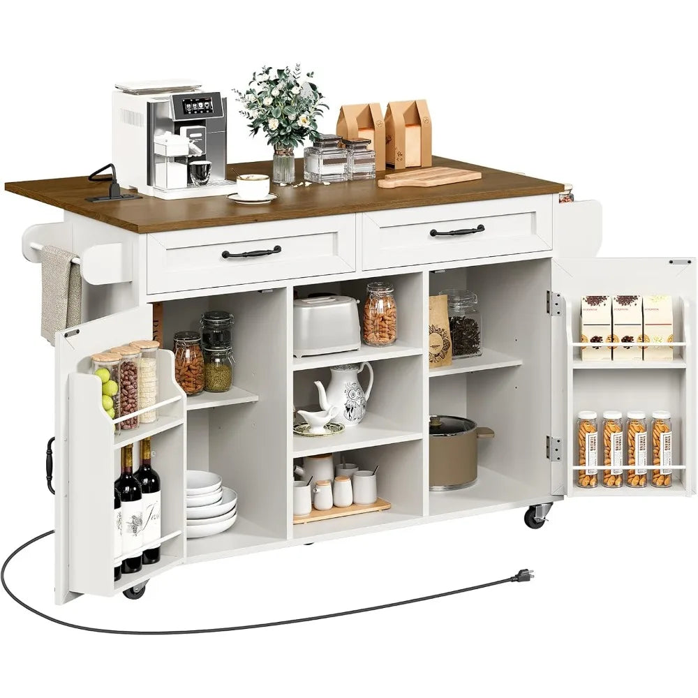 Kitchen Island with Power Outlets & Drop Leaf, Kitchen Cart with Storage, Drawer and Spice Rack, Tower Rack, Island Table, White