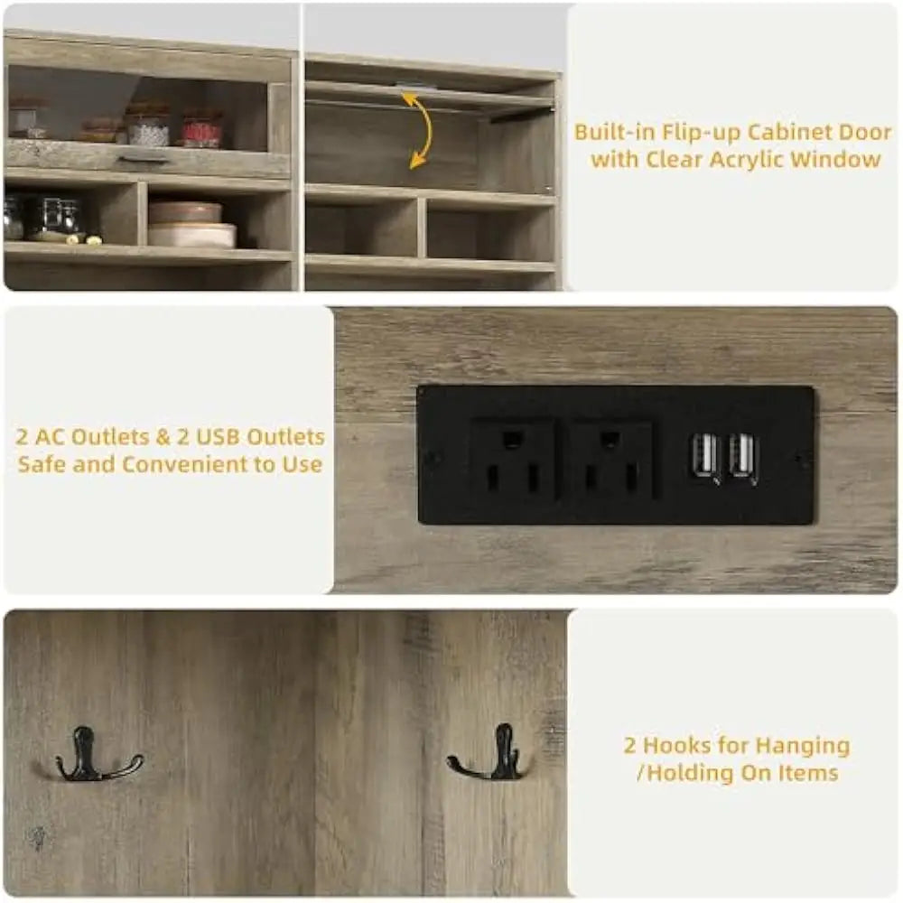 67" Farmhouse Kitchen Pantry Cabinet, Bakers Rack w/Storage Cabinet, Coffee Bar w/Charging Station, Buffet Sideboard