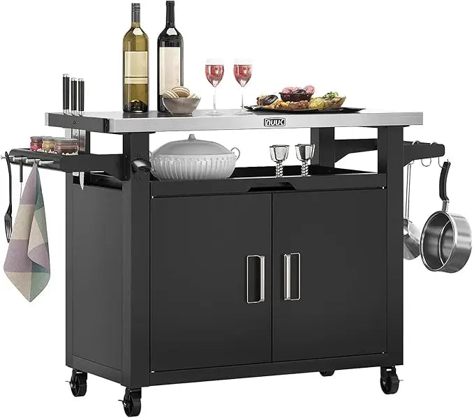 Portable Outdoor Metal Kitchen Island with Storage and Stainless Steel Prep Table on Wheels